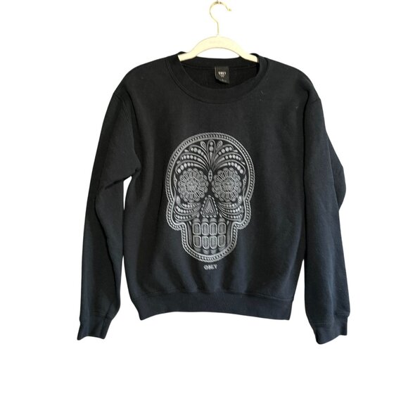 Obey Sugar Skull Graphic Pullover Sweatshirt Womens Small Black Long Sleeve - Picture 1 of 8